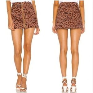 Free People Leopard Denim Mini Skirt Size 24 Brown Animal Print Coquette Mobwife
